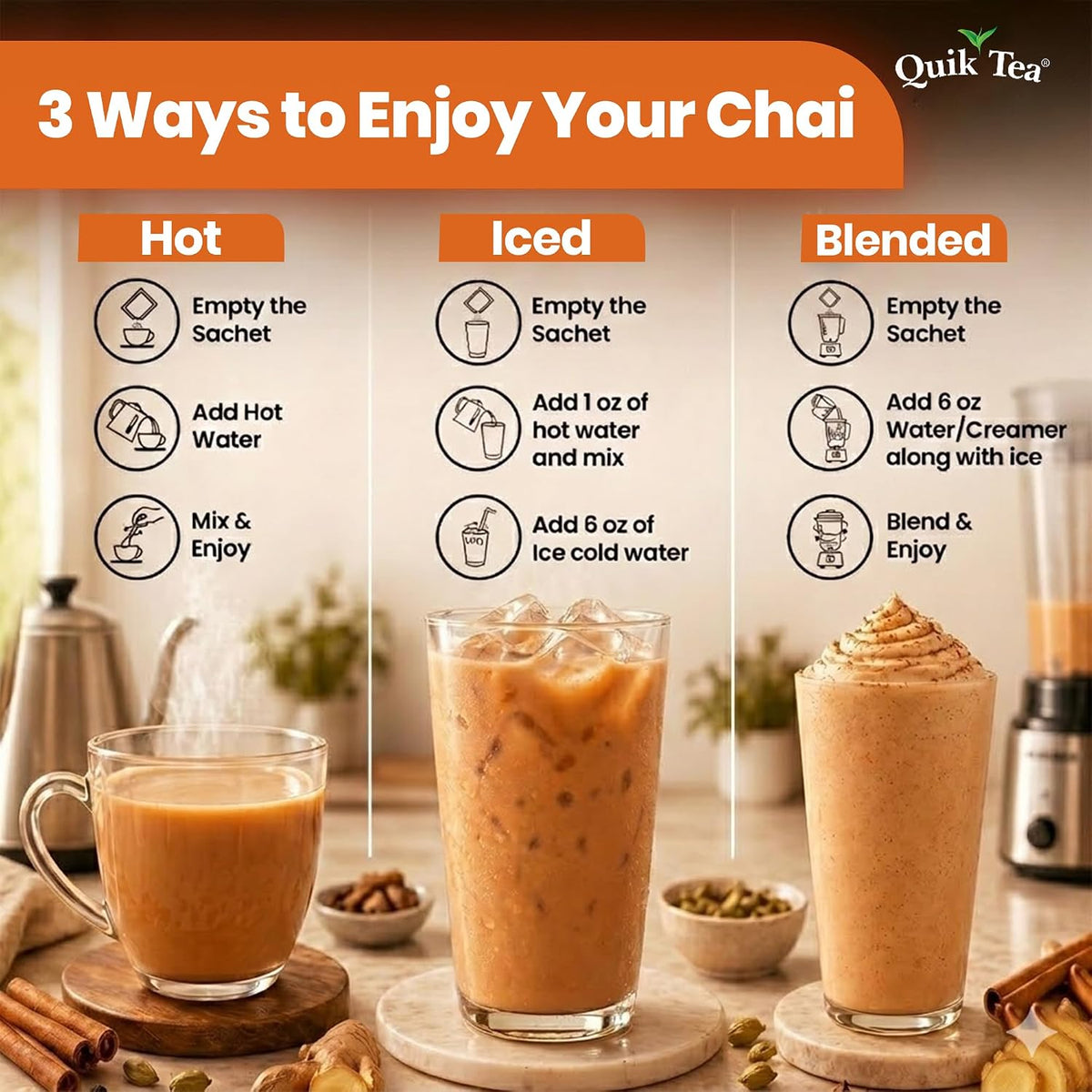 QuikTea Instant Chai Tea Latte Mix, Masala, Unsweetened, 20 Sachets