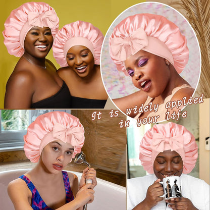 Satin Bonnet for Sleeping Cap Double Layer Hair Bonnet with Elastic Tie Band for Curly Hair Night Cap (Bean Paste + Pink)