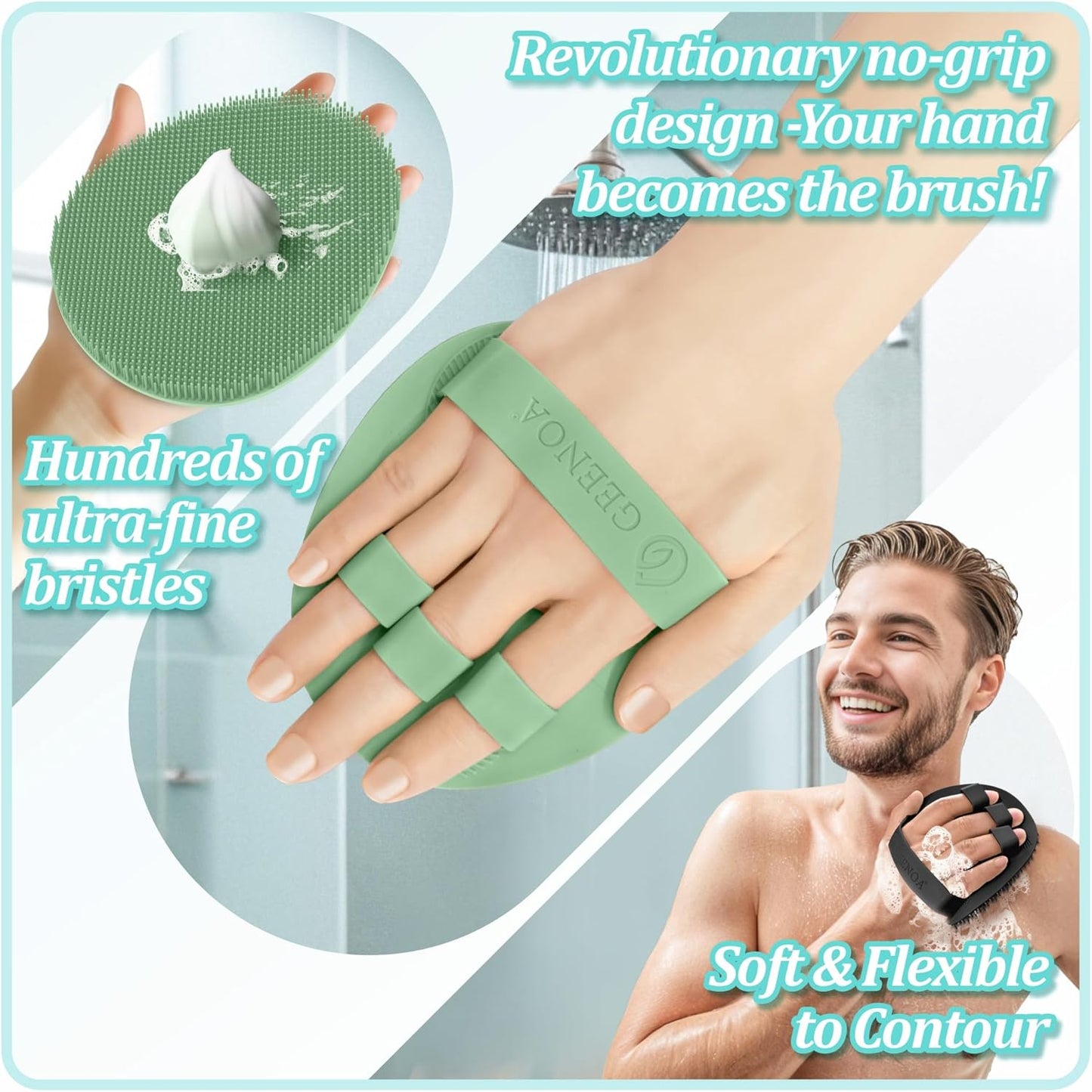 Silicone Back Scrubber & Bath Glove Set 2PCS, 13.4'' Gentle Shower Back Scrubber with Dual-Side Head Non-Slip Handle, 360° Anti-Slip Hand-fit Bath Glove for Rich Foaming Deep Cleaning(Black)