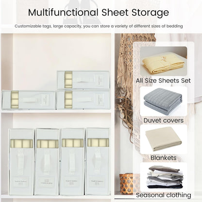 Simple&Opulence 4 Pack Bed Sheet Organizers and Storage, Linen Closet Organizers, Sheets Set Folder Storages with Window and Label (Queen/King Size) Organizing Bedding Container, Linen