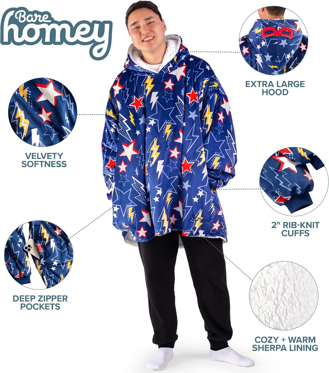 Bare Home Wearable Blanket Hoodie - Soft Plush Sherpa - Warm and Cozy - Oversized Wearable Blanket