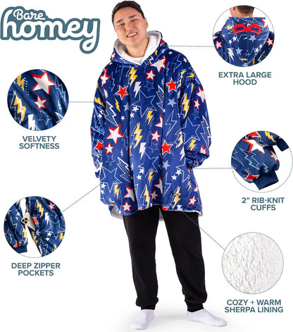 Bare Home Wearable Blanket Hoodie - Soft Plush Sherpa - Warm and Cozy - Oversized Wearable Blanket