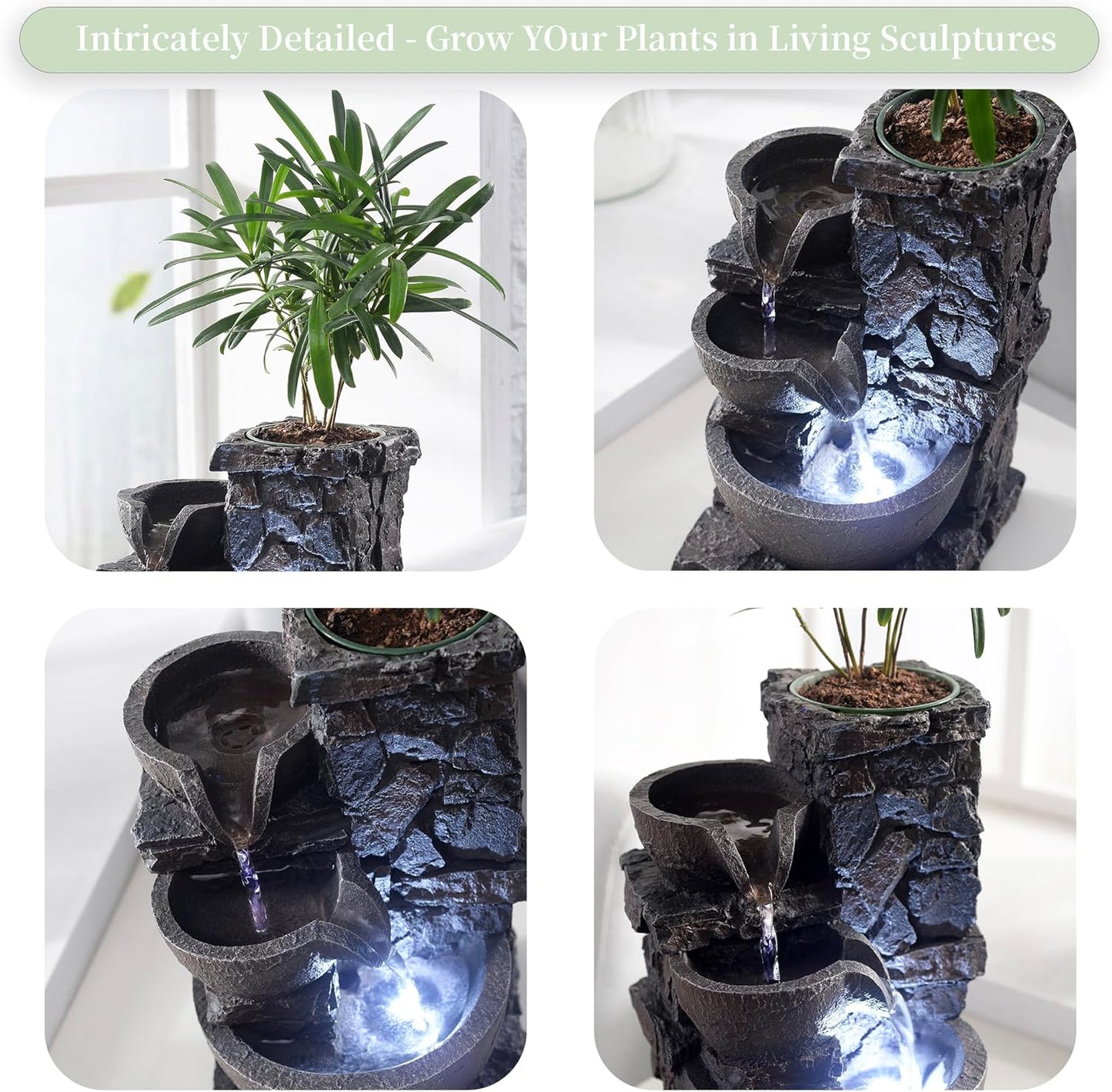 MAOCHI Indoor Tabletop Water Fountain with Planter Pot, Small Desk Waterfall with Cool LED Lights, Zen Decor for Office, Home & Bedroom, Calming Meditation Relaxation Gifts for Plant Lovers