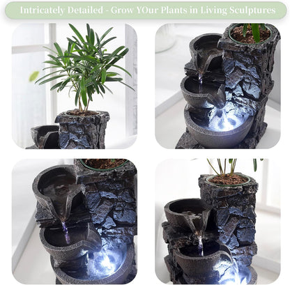 MAOCHI Indoor Tabletop Water Fountain with Planter Pot, Small Desk Waterfall with Cool LED Lights, Zen Decor for Office, Home & Bedroom, Calming Meditation Relaxation Gifts for Plant Lovers