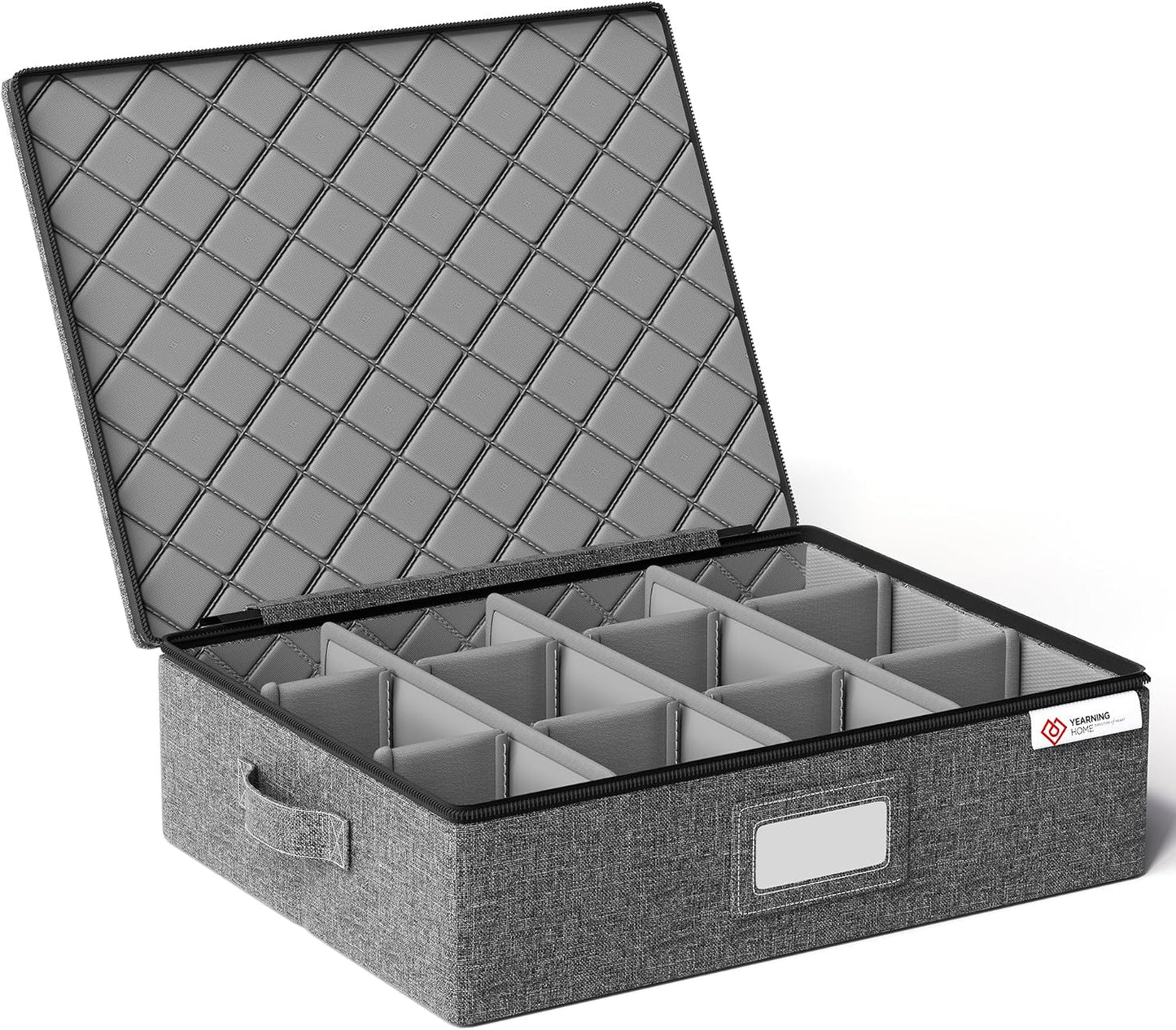 YearningHome Cup and Mug Storage Box with Hard Shell and Dividers for Coffee Mugs,Tea Cups and Glasses,Stackable Storage Organizers with Lid,Handles,Zips and Label for Moving,Holds 12,2 Pack, Grey