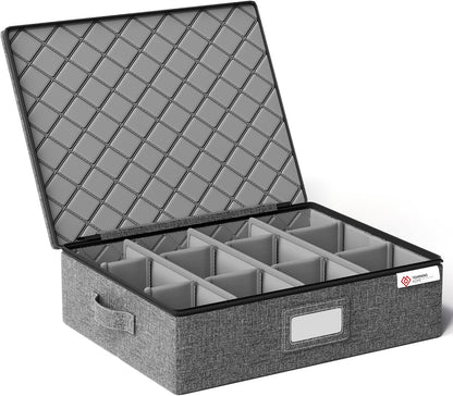 YearningHome Cup and Mug Storage Box with Hard Shell and Dividers for Coffee Mugs,Tea Cups and Glasses,Stackable Storage Organizers with Lid,Handles,Zips and Label for Moving,Holds 12,2 Pack, Grey