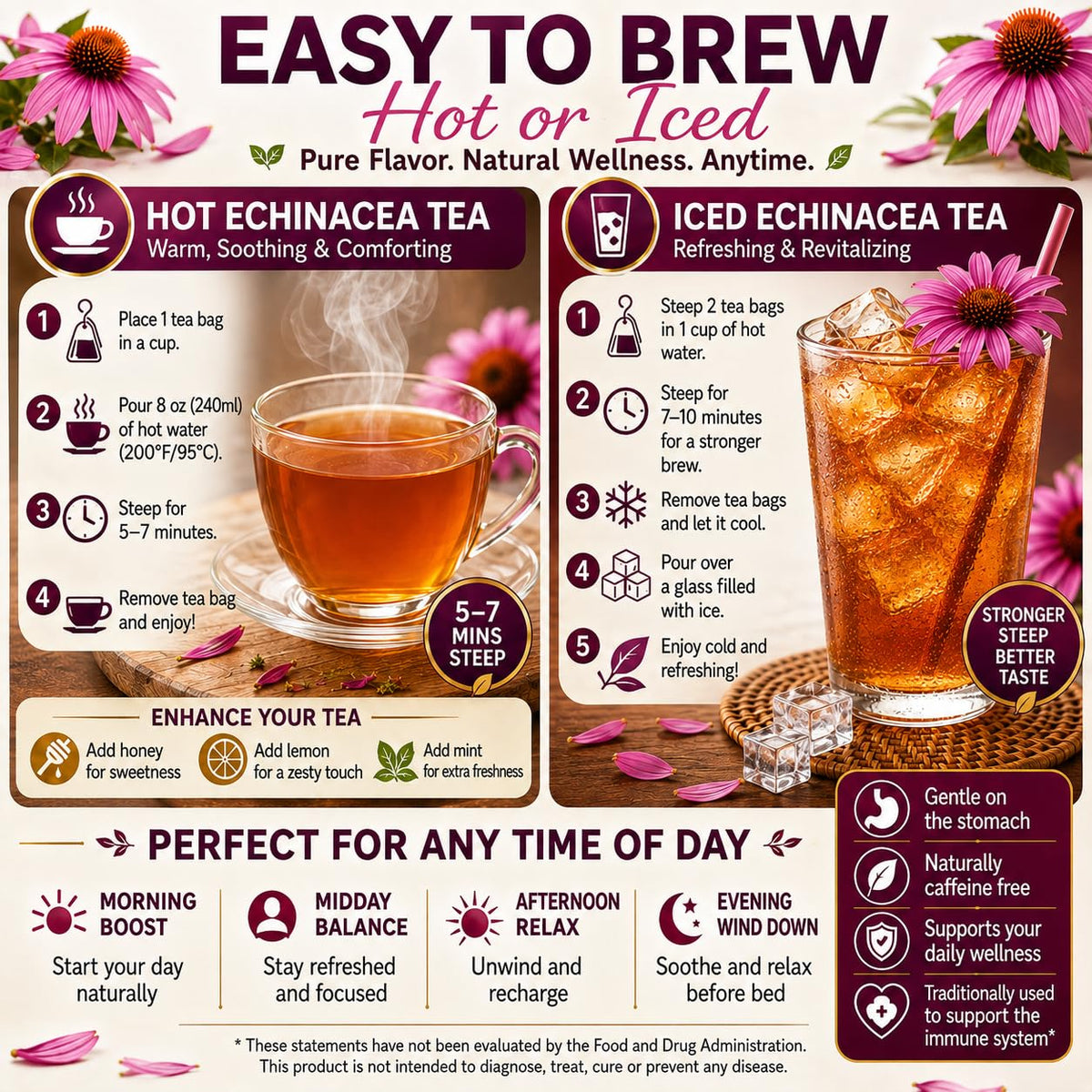 WOTIHA Echinacea Tea Bags, 60 Count, Pure Herbal Infusion, Caffeine Free