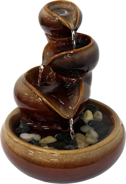 Sunnydaze 10" Tiered Vessels Ceramic Tabletop Fountain, Smooth Glaze, Brown