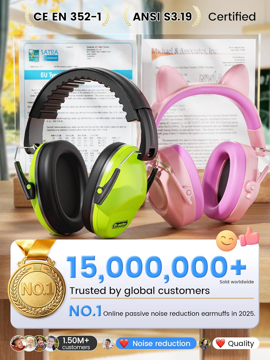 Dr.meter Ear Muffs for Noise Reduction: 27.4SNR Noise Cancelling Headphones for Kids Adults, EM100 Adjustable Hearing Protection Earmuffs for Monster Jam, Autism Sensory, Concerts, Fireworks- 3PACK