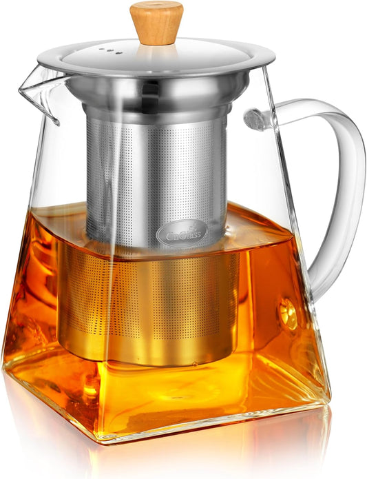 CNGLASS Glass Teapot with Infuser,31oz Clear Glass Tea Kettle with Removable Stainless Steel Strainer,Stovetop Safe Glass Teapot for Blooming and Loose Leaf Tea…