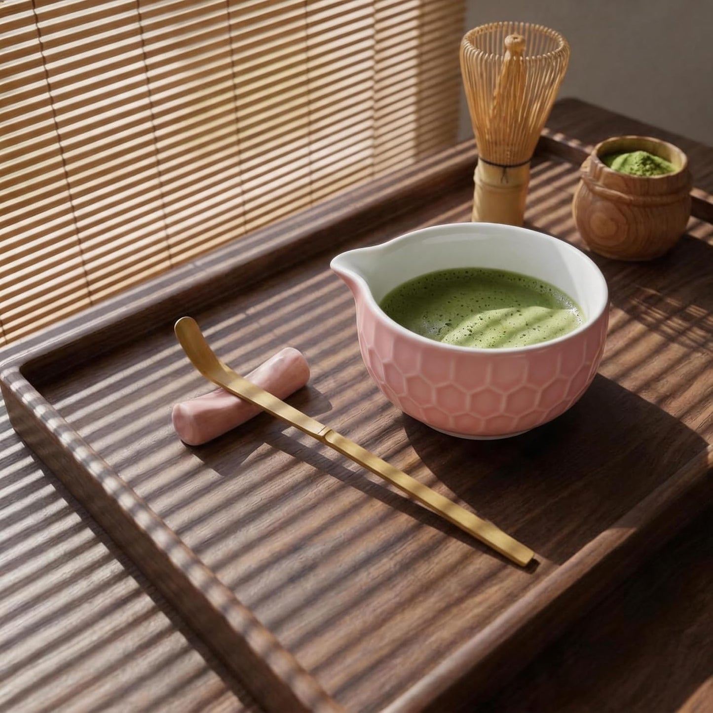 Matcha Whisk Set – Ceramic Matcha Bowl with Pour Spout, Bamboo Whisk, Whisk Holder, Scoop, Sifter – Japanese Matcha Kit for Beginners (Pink)