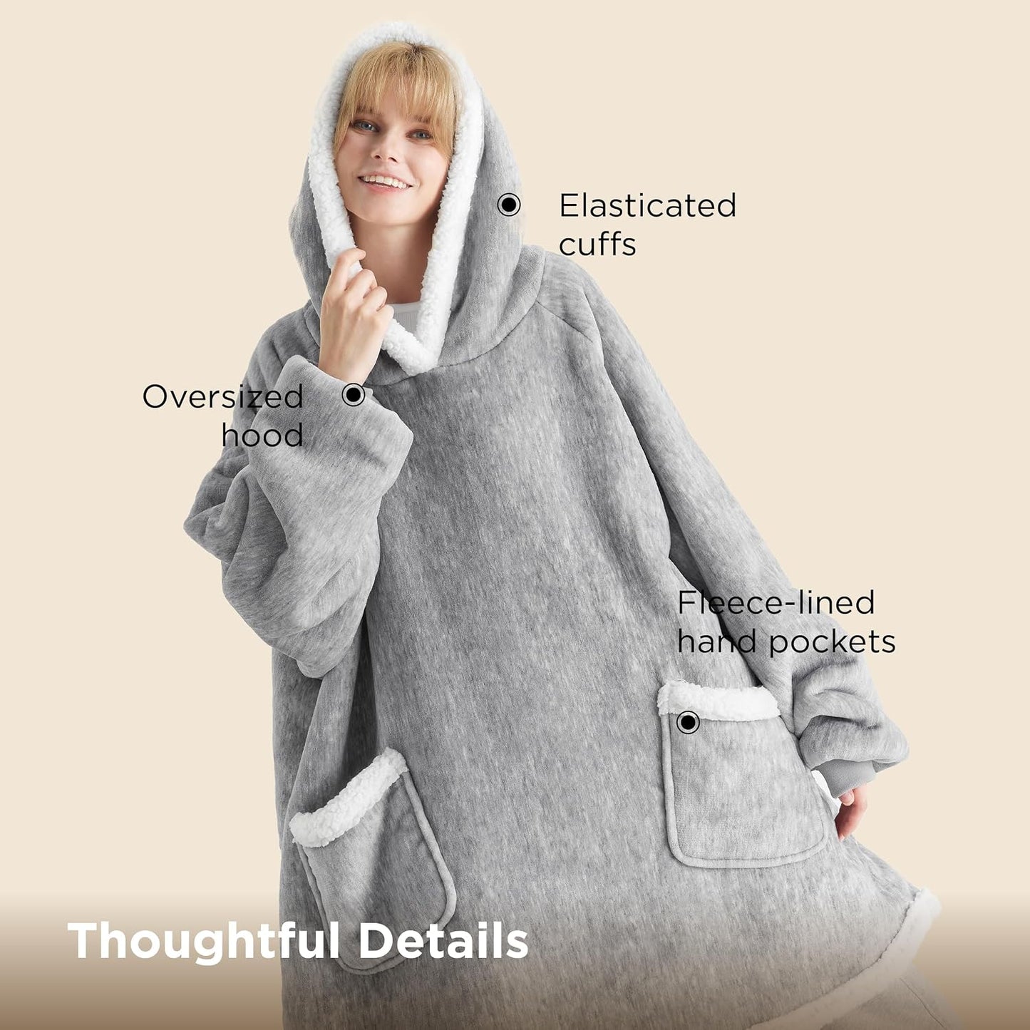 Bedsure Blanket Hoodie, Wearable Blanket Hoodie as Gifts for Mom, Birthday Gifts for Women Kids Teens Mother's Day Sherpa Sweatshirt, Grey, Standard