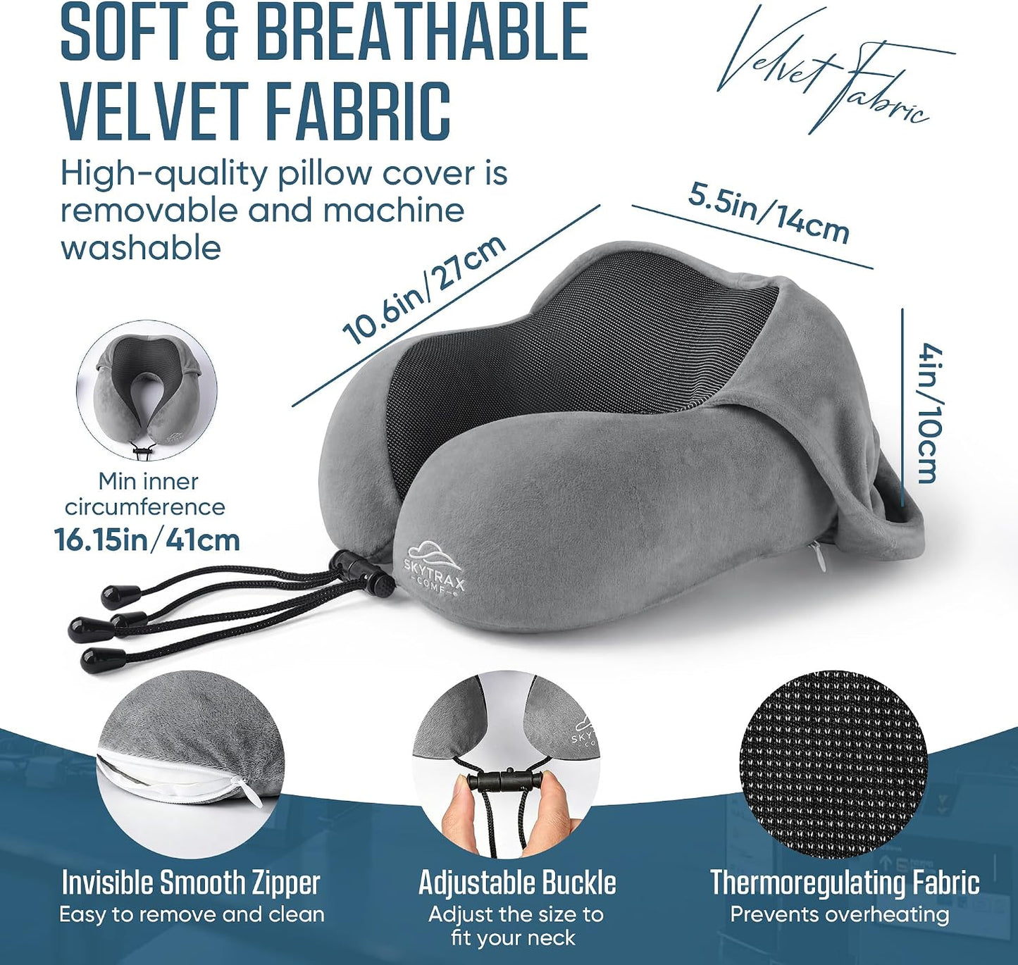 SkytraxComf® Travel Neck Pillow with Hood for Privacy on Long Flights | Memory Foam | Airplane Sleep | Safety-Tested Materials | Extra Large Hood | Chin Support | Earplugs | Washable Cover