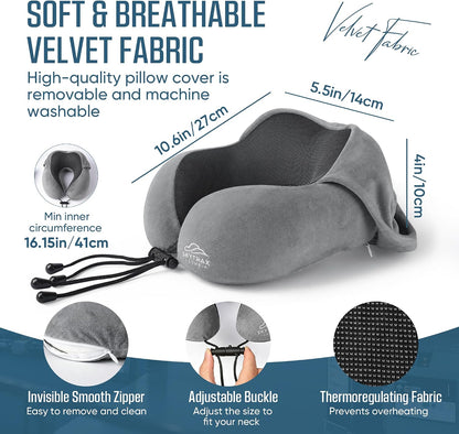 SkytraxComf® Travel Neck Pillow with Hood for Privacy on Long Flights | Memory Foam | Airplane Sleep | Safety-Tested Materials | Extra Large Hood | Chin Support | Earplugs | Washable Cover