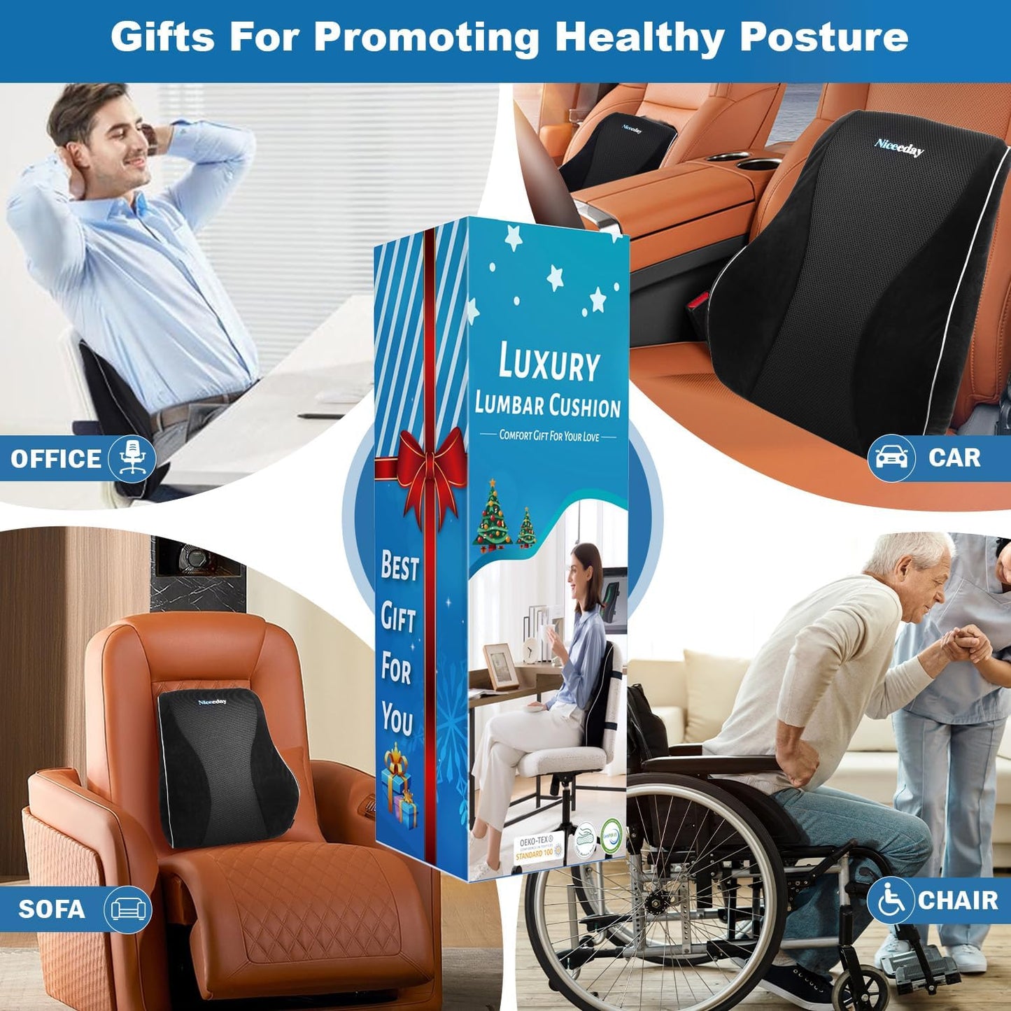 Niceeday Lumbar Support Pillow for Office Chair Car Back Support Pillow, Memory Foam Gaming Chair Desk Chair Back Cushion for Lower Back Pain Relief, Ergonomic Back Rest,Office Home Essentials