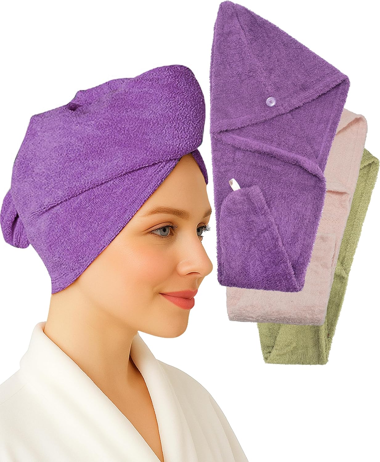 Textila 100% Cotton Hair Wrap Towels for Women (Pack of 2, Raspberry & Green) – Soft & Absorbent Turban Towels for Long, Curly, Frizz-Prone Hair