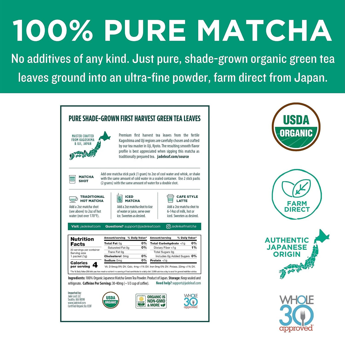 Jade Leaf Matcha Powder, Organic Culinary Grade, 30g / 1.06oz