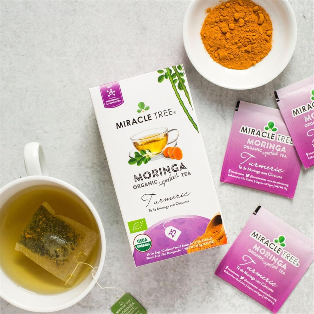 Miracle Tree Organic Moringa Tea, Turmeric, Caffeine-Free, 25 Bags