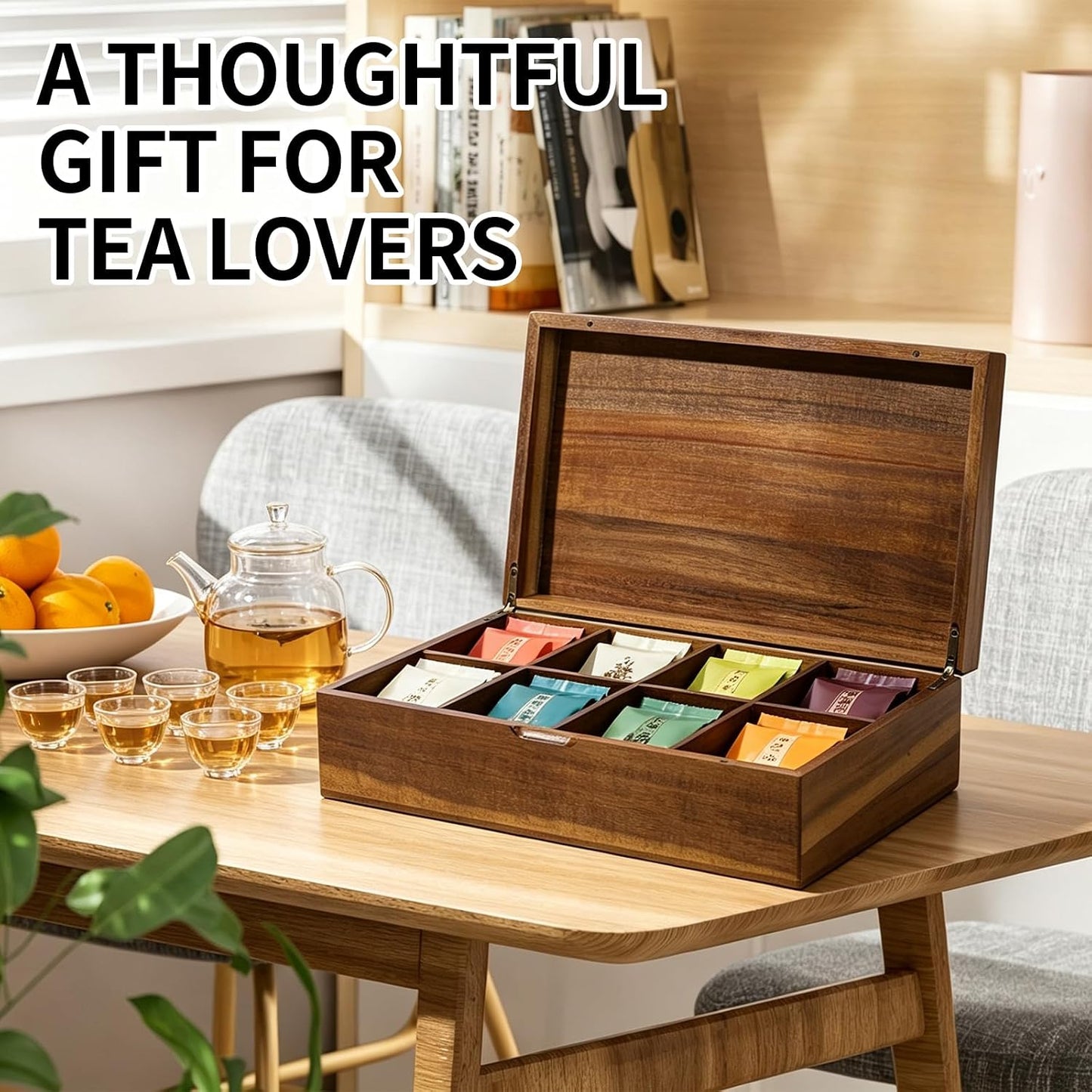 Acacia Wooden Tea Bag Organizer with Magnetic Lid, 8 Adjustable Compartments Wooden Tea Box for Tea Bags, Countertop Storage Holder