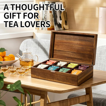 Acacia Wooden Tea Bag Organizer with Magnetic Lid, 8 Adjustable Compartments Wooden Tea Box for Tea Bags, Countertop Storage Holder