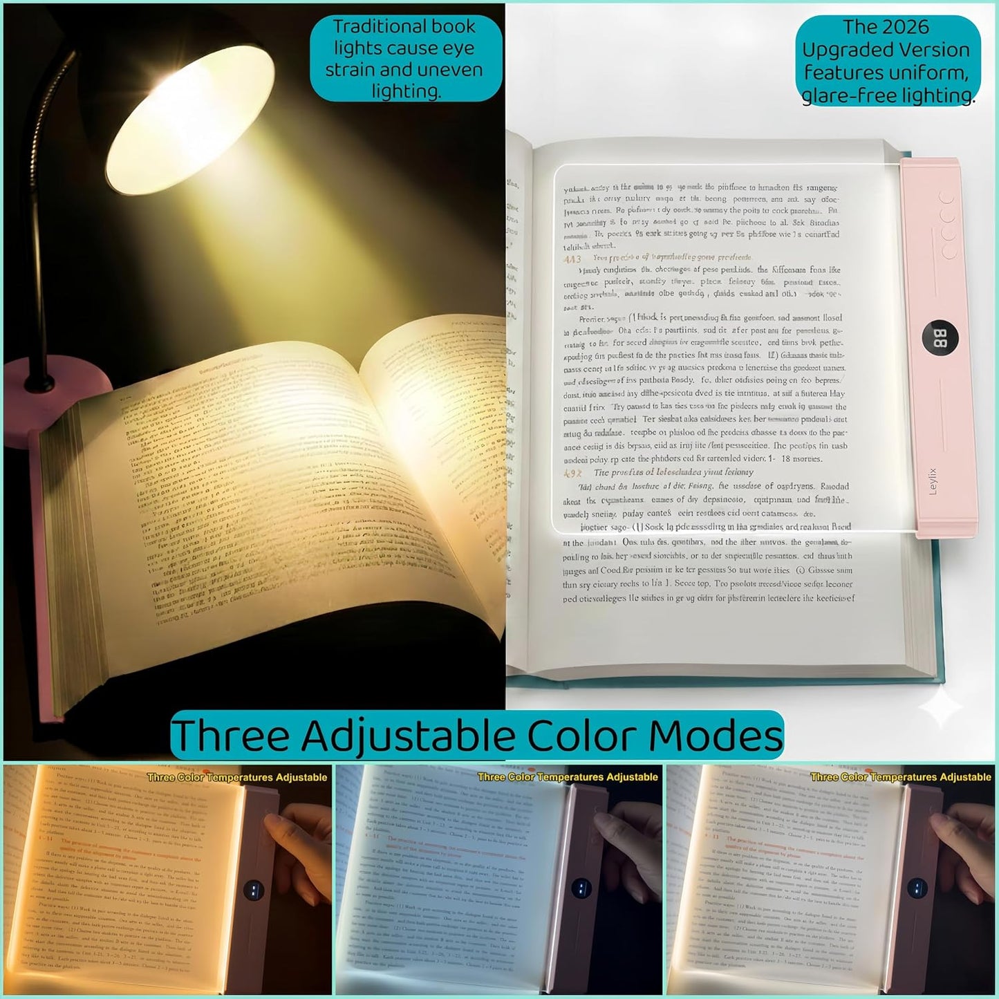 XL LED Flat Book Light for Reading at Night in Bed, Matte Pink
