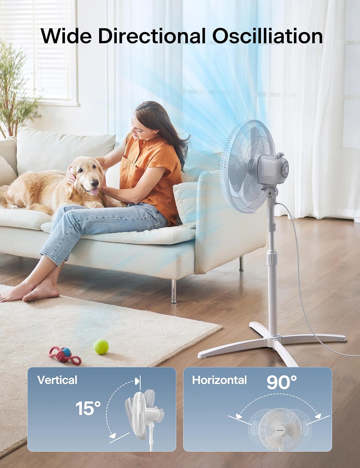 PELONIS 16 inch Pedestal Fan for Bedroom , Oscillating Fan, 3-Speeds, 90° Oscillation, Adjustable Height, Floor Fan, Standing Fan for Living Room, Kitchen, and Home office, Black
