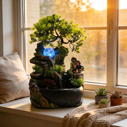 Mini Artificial Bonsai Tree Waterfall Fog Feature Rock Tabletop Fountain | 11in Desktop Decor Waterfall Fountain W/ Water Pump& Atomizer&LED Lights &Fake Tree Office Bedroom Relax