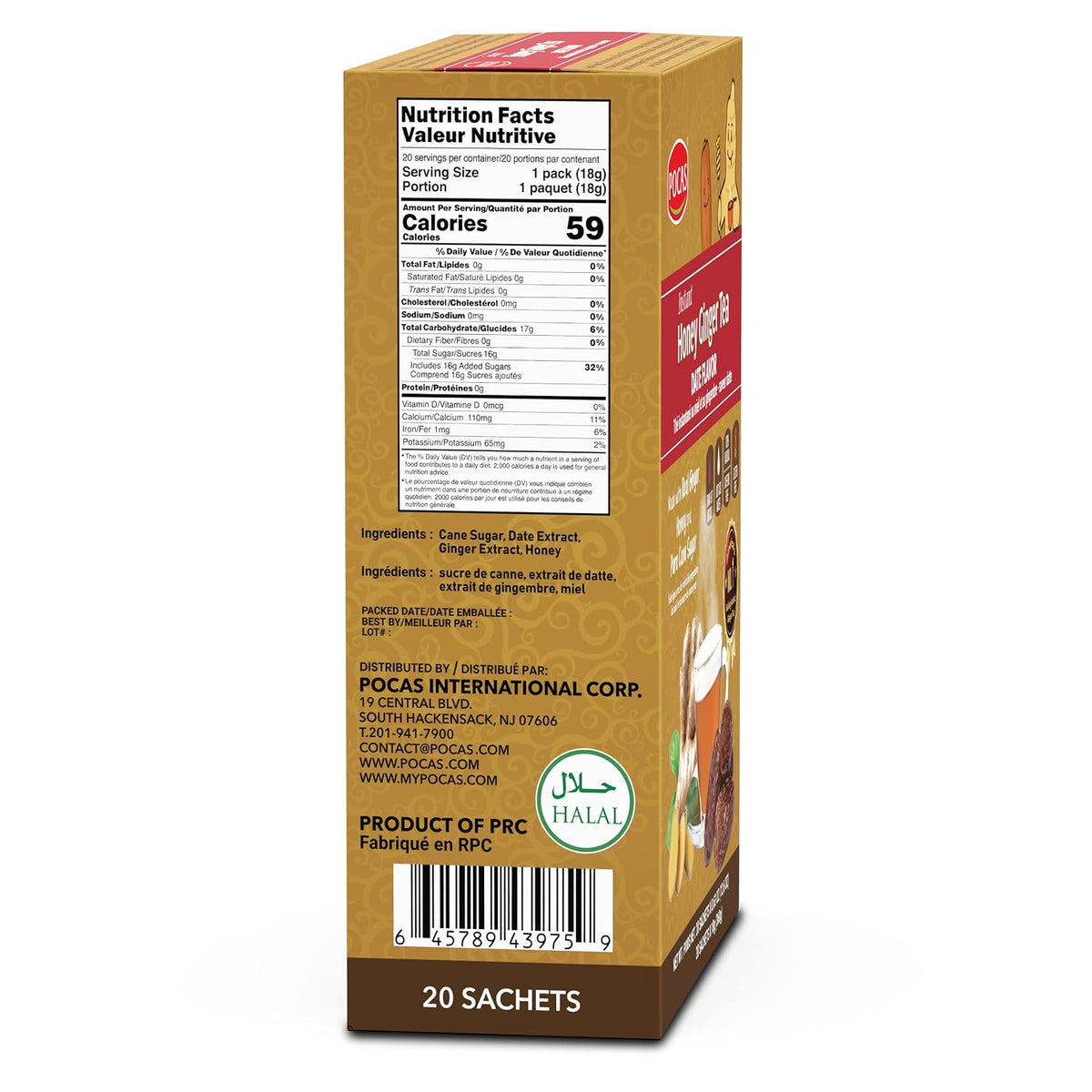 Pocas Honey Ginger Instant Tea Powder, Date Flavor 2-Pack, Ginger Extract & Real Honey, Caffeine-Free Tea, 20 Packets per Box
