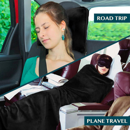 PAVILIA Travel Blanket Pillow, Soft Airplane Blanket 2-IN-1 Combo Set, Plane Blanket Compact Packable, Flight Essentials Car Pillow, Travelers Gifts Accessories Luggage Backpack Strap, 60x43 Teal Blue