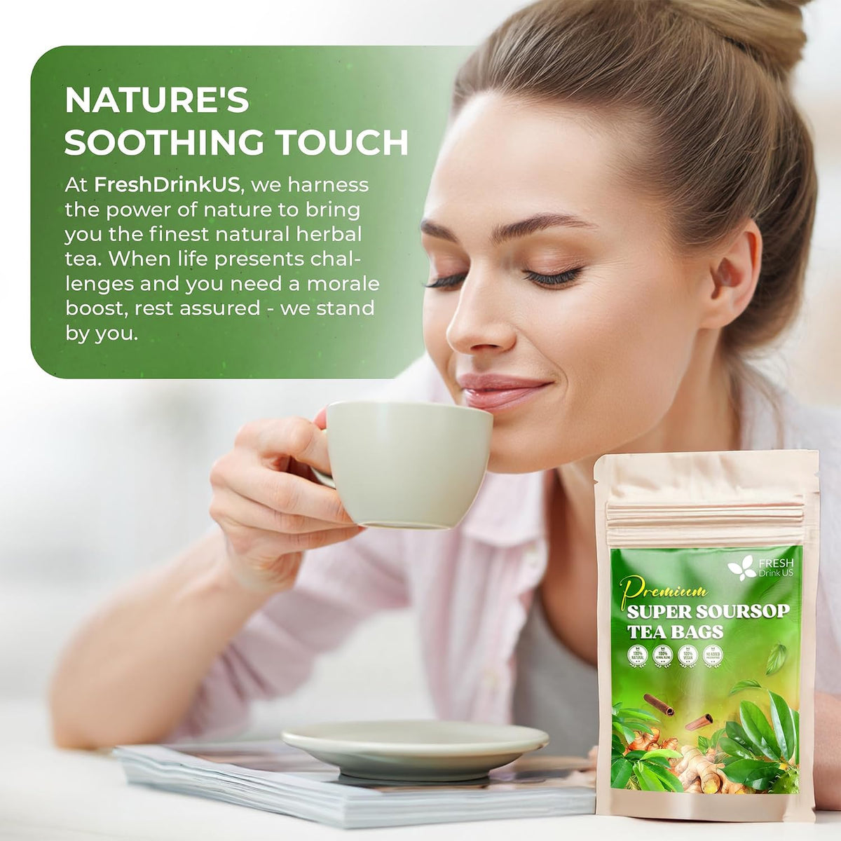 FreshDrinkUS, Super Soursop Herbal Tea – 40 Tea Bags | Soursop, Ginger, Turmeric, Lemongrass, Cinnamon, Black Pepper & Peppermint | Caffeine-Free, Natural Flavor, Plant-Based Blend | Sugar-Free