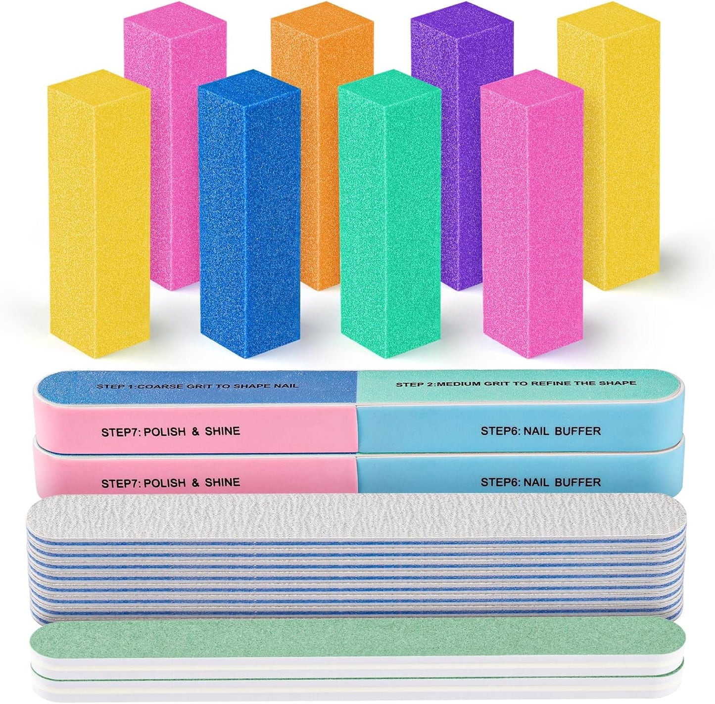 FANDAMEI Nail Files and Buffers, 20PCS Nail File Kit. Rectangular Nail Buffer Block & 100/180 Grit 7 Way Nail File & Polishing Buffer. Nail Prep Kit. Professional Manicure Nail Tools