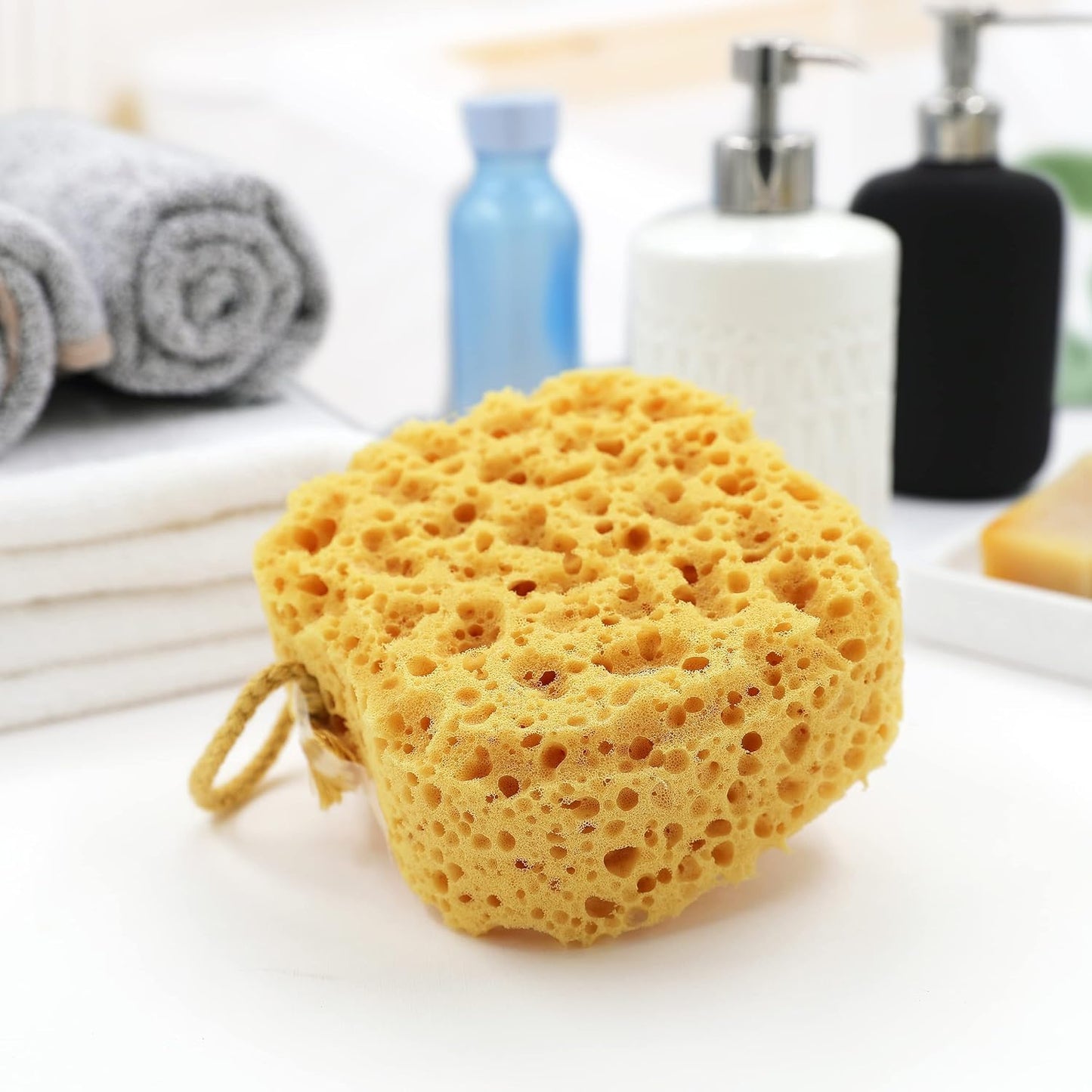 myHomeBody Bath Sponge, Foam Loofah, Body Scrubber for Bathing, Exfoliating Shower Pouf for Shower – Large Size, Lots of Lather, Curvy, 3 Pack