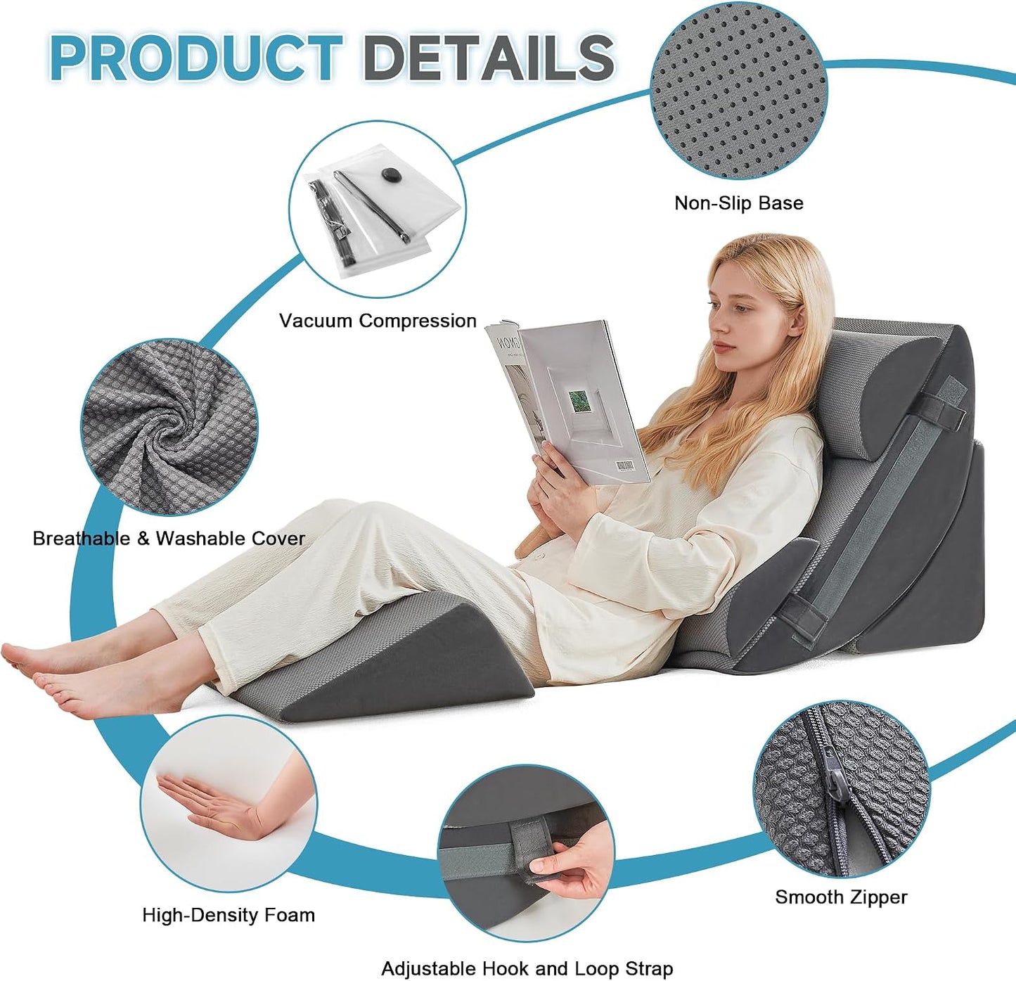Yojoker 4PCS Orthopedic Bed Wedge Pillow Set for Sleeping, Post Surgery Foam Pillow for Body, Back and Leg Pain Relief, Triangle Adjustable Support Pillow - Acid Reflux, Anti Snoring & GERD Sleeping
