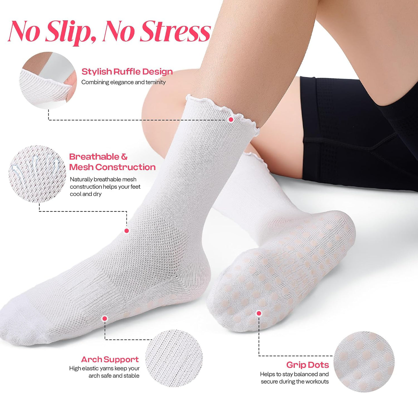 COOLMATE Pilates Socks with Grips for Women, Yoga Socks, Crew Non Slip Women for Barre, Pilates Gifts for Women - Colors A
