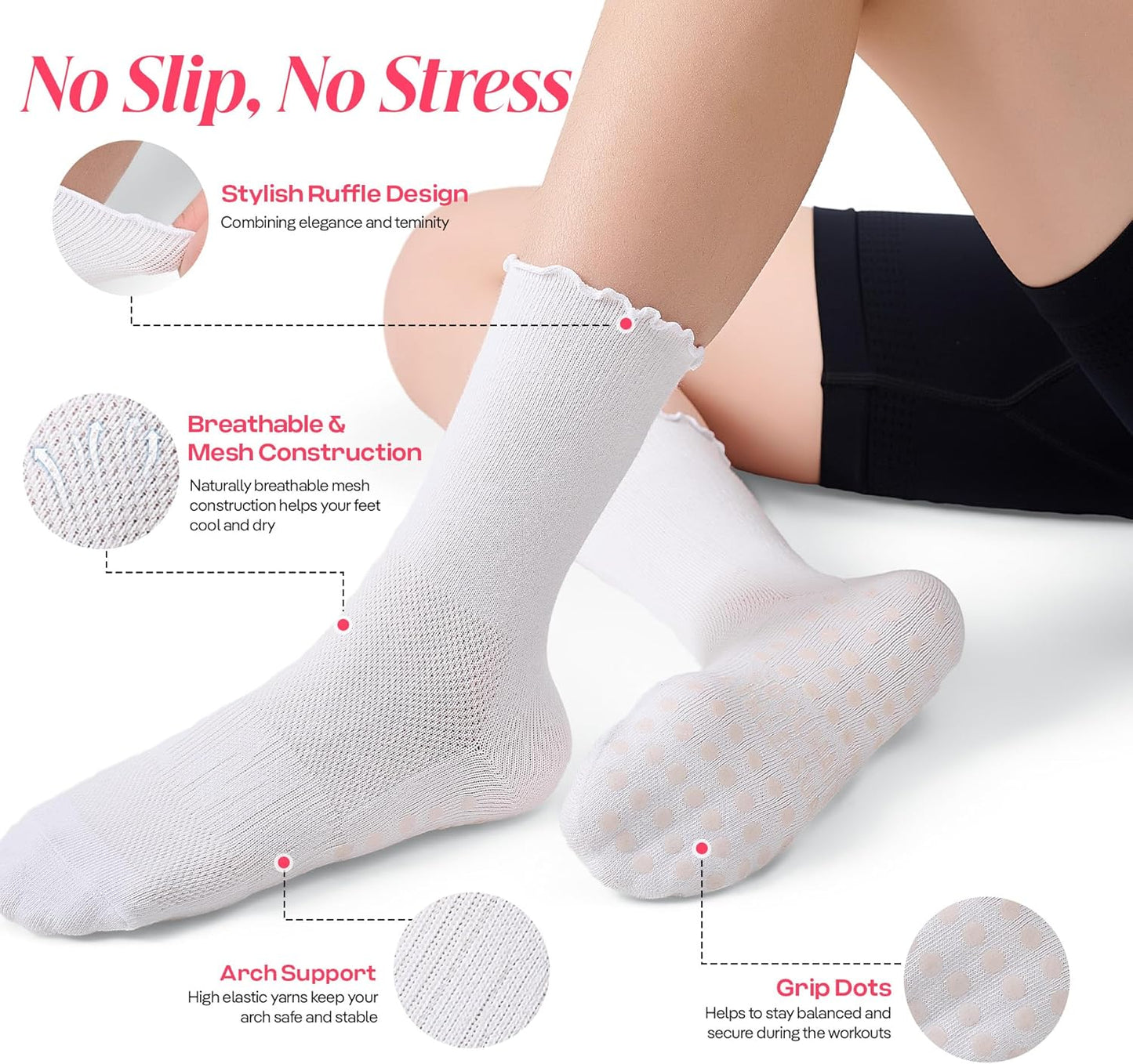 COOLMATE Pilates Socks with Grips for Women, Yoga Socks, Crew Non Slip Women for Barre, Pilates Gifts for Women - Colors B