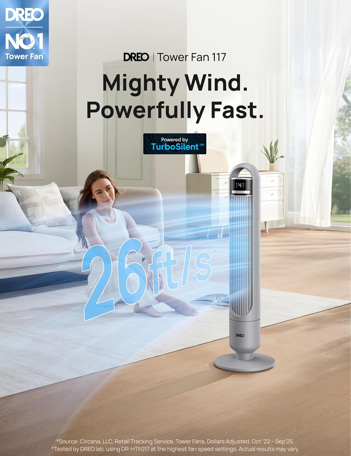 DREO Tower Fan for Bedroom, 90° Oscillating Standing Fans for Room with 4 Speeds, 3 Modes, 28dB Quiet for Sleep, 26ft/s Velocity, 8H Timer, Remote, Living Room, Office, Home, Black