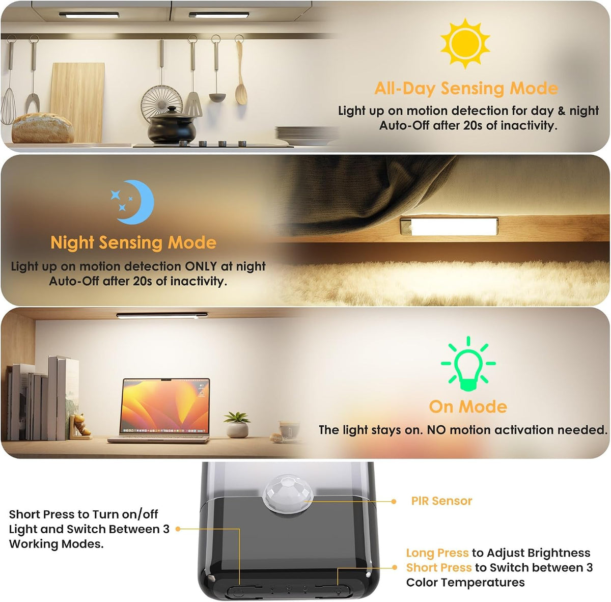 5-Pack Motion Sensor Under Cabinet Light, 3CCT, 7.9 inch