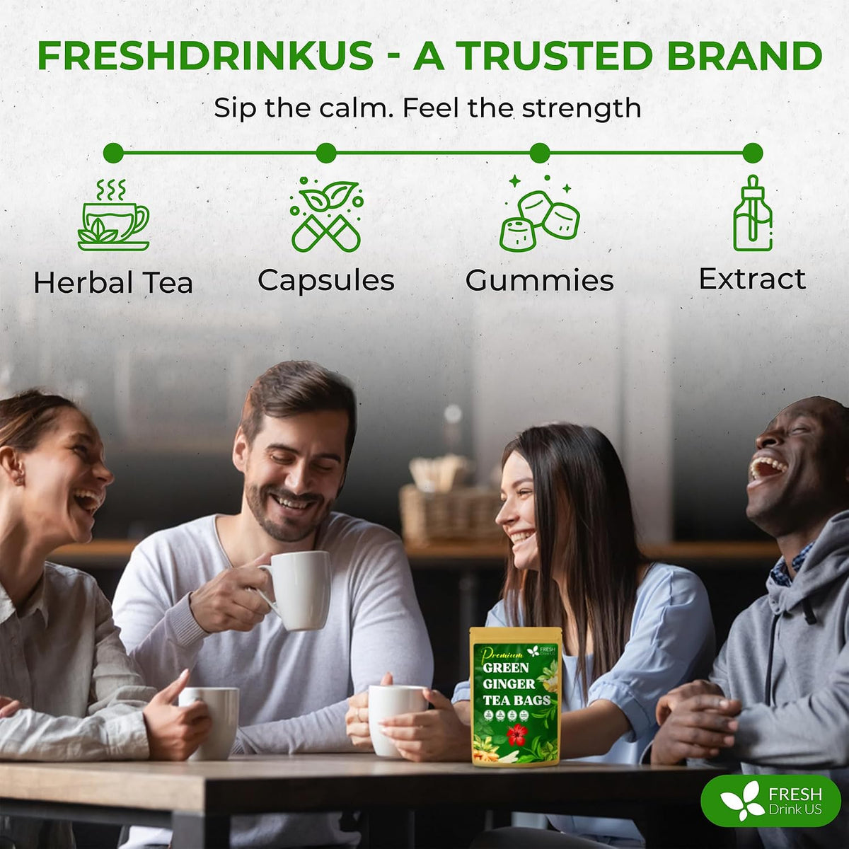 FreshDrinkUS, Premium Green Ginger Tea | 75 Tea Bags | Sencha Green Tea with Ginger, Lemongrass, Turmeric, Hibiscus & Peppermint | Natural Herbal Blend | Comfort & Refreshing, Vegan