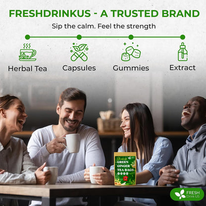 FreshDrinkUS, Premium Green Ginger Tea | 75 Tea Bags | Sencha Green Tea with Ginger, Lemongrass, Turmeric, Hibiscus & Peppermint | Natural Herbal Blend | Comfort & Refreshing, Vegan