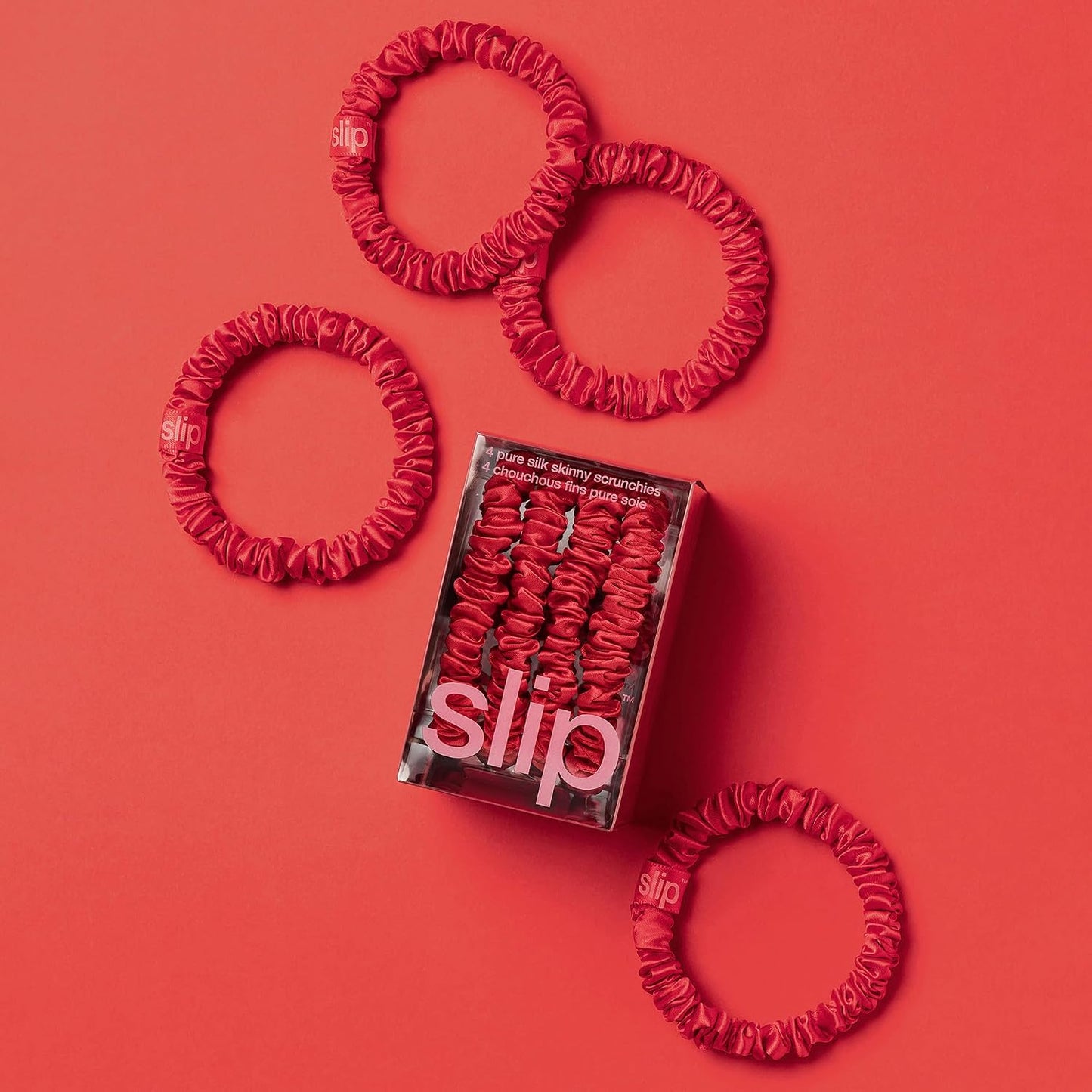 Slip Silk Hair Ties — Skinny Silk Black Scrunchies, No Damage, No Crease, Anti-Breakage |100% Mulberry Silk | All Hair Types | Made with Proprietary Slipsilk™ | Set of 4