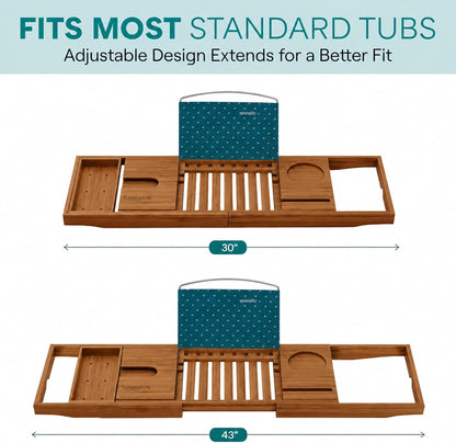 SereneLife 2 in 1 Bed and Bath Tray - Foldable Bamboo Bathtub Caddy with Adjustable Length, Non-Slip, Device Holder, Wine Glass Slot, Expandable for Comfortable Bathing, Natural, Folding Set