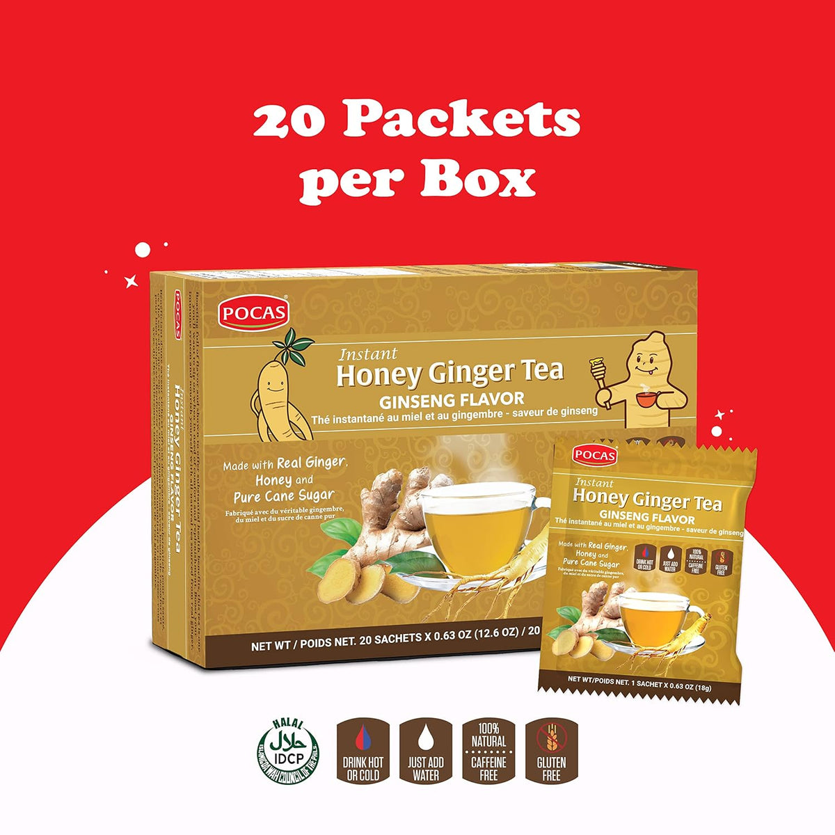 Pocas Honey Ginger Instant Tea Powder 2-Pack with Ginseng Flavor, Real Ginger Extract & Sweetener, Caffeine-Free Tea, 20 Packets