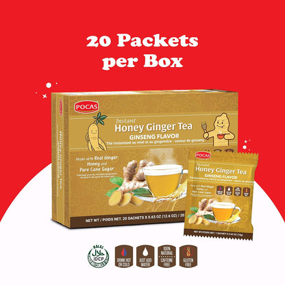 Pocas Honey Ginger Instant Tea Powder 2-Pack with Ginseng Flavor, Real Ginger Extract & Sweetener, Caffeine-Free Tea, 20 Packets
