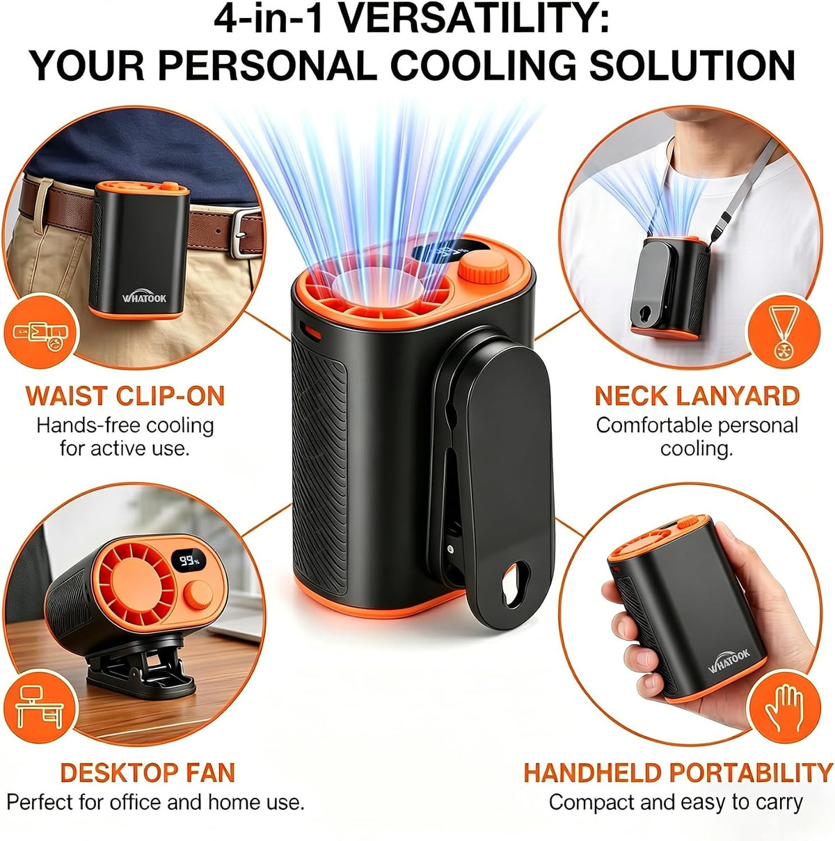 WHATOOK Waist Clip on Fan: 4000mAh Battery 15 Hours, 10m/s Cool Wind, Portable Rechargeable Wearable Personal Body Cooling Neck Fan, Handheld Cooler for Camping Travel Essentials (Black)