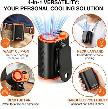 WHATOOK Waist Clip on Fan: 4000mAh Battery 15 Hours, 10m/s Cool Wind, Portable Rechargeable Wearable Personal Body Cooling Neck Fan, Handheld Cooler for Camping Travel Essentials (Black)