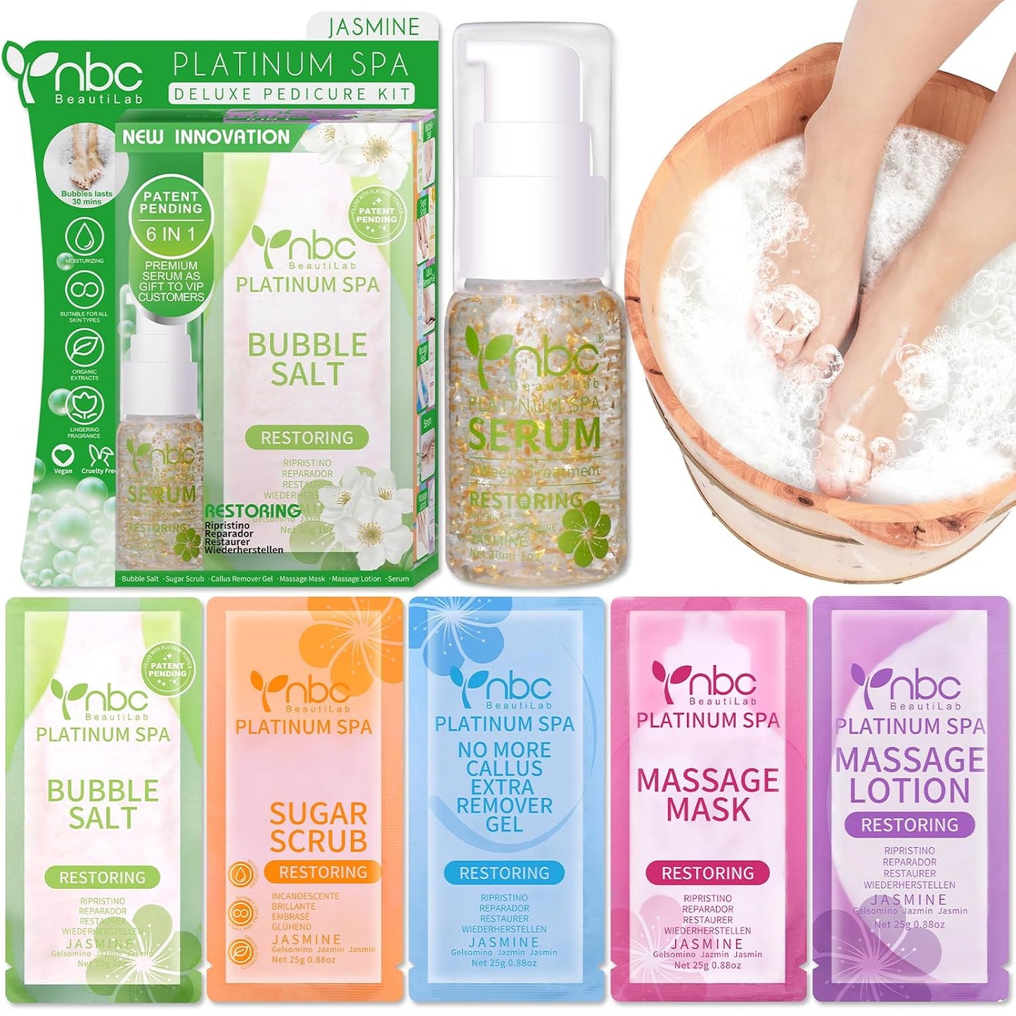 Pedicure Kit Foot Soak Set: Bubble Salt, Sugar Scrub, Massage Mask, Massage Lotion in a Box, 4 Step Foot Spa Kit for Dry Feet, Softens Calluses, Tired Feet（3 Set Lavender) - Colors A