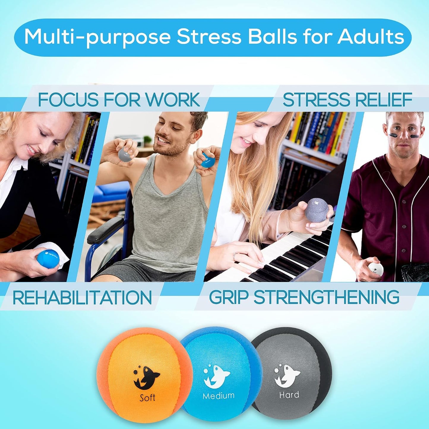 Serenilite Hand Therapy Exercise Stress Ball Bundle - Tri-Density Stress Balls for Adults & Grip Strengthening