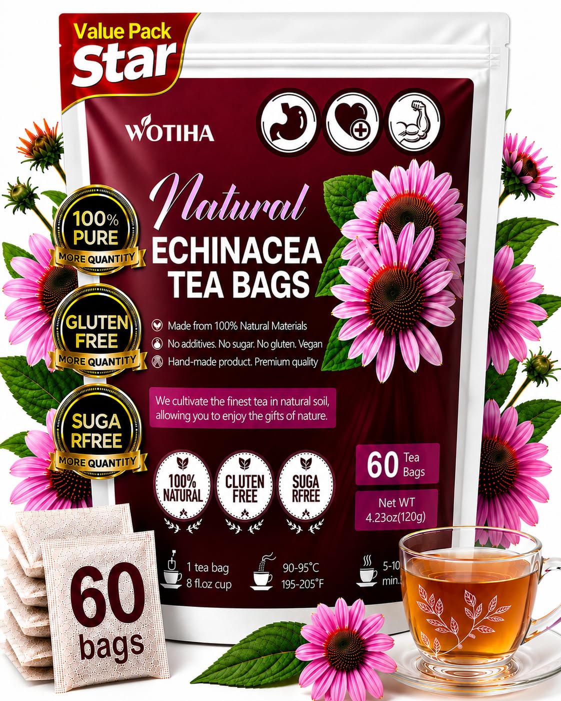WOTIHA Echinacea Tea Bags, 60 Count, Pure Herbal Infusion, Caffeine Free