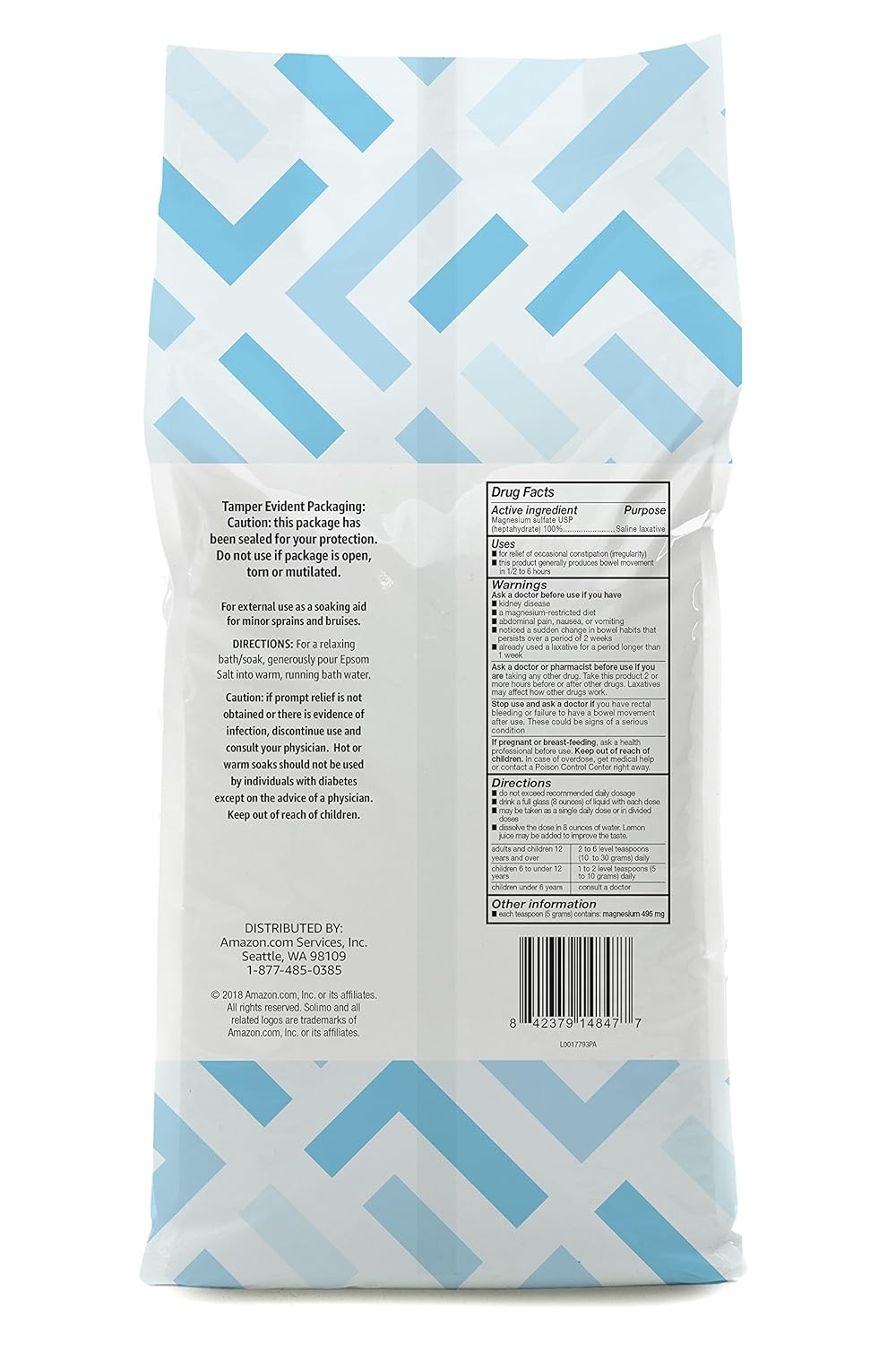 Amazon Brand - Solimo Epsom Salt Soak, Magnesium Sulfate USP, Relaxing Bath Soaking Aid, Unscented, 8 Pound, Pack of 3, Resealable Bags