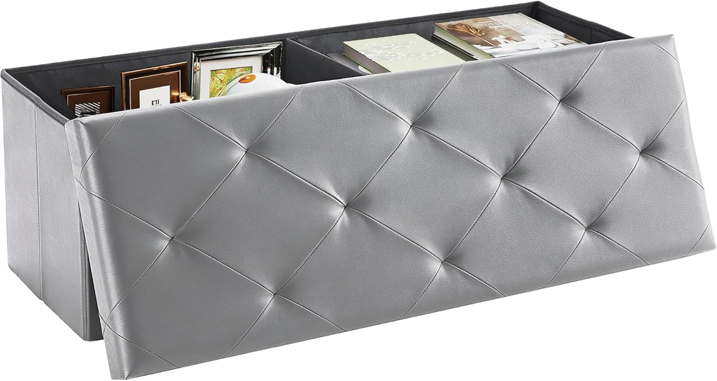 DUMOS 43 Inch Folding Storage Ottoman Bench, Large Hidden Storage Chest with Thicker Foam Padded Seat, End of Bed Foot Rest Stool for Bedroom Living Room Entryway, Load 660 lbs, Grey